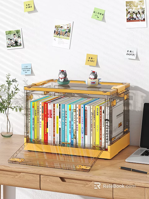 Yellow Transparent Bookshelf With Colorful Books Small Cat Figurines On Top Green Potted Plant Nearby 3d model 