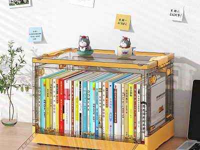 Yellow Transparent Bookshelf With Colorful Books Small Cat Figurines On Top Green Potted Plant Nearby 3d model