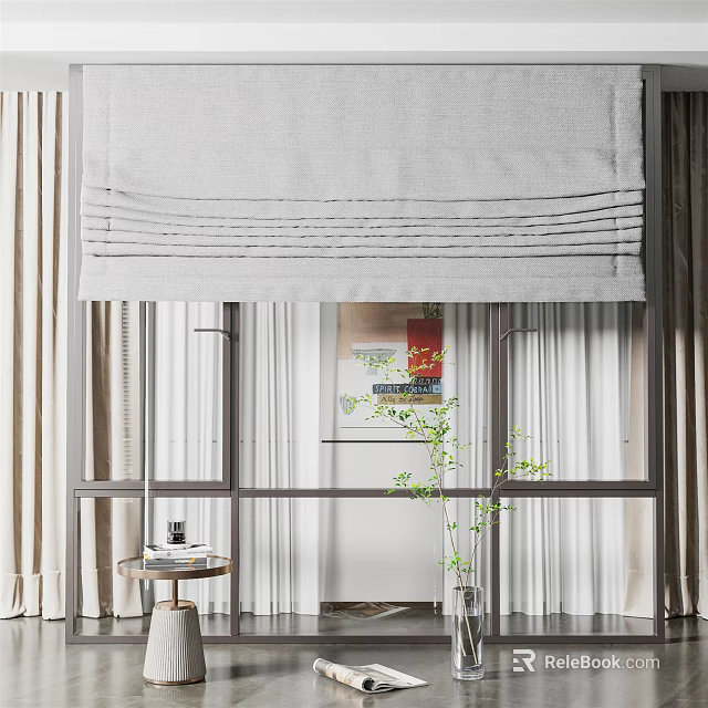 French Window Interior With White Roman Shades Light Curtains Metal Frame And Green Plant 3d model 