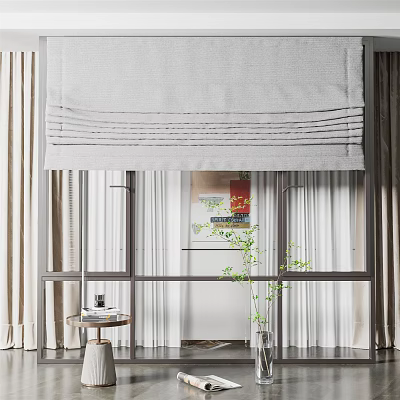 French Window Interior With White Roman Shades Light Curtains Metal Frame And Green Plant 3d model