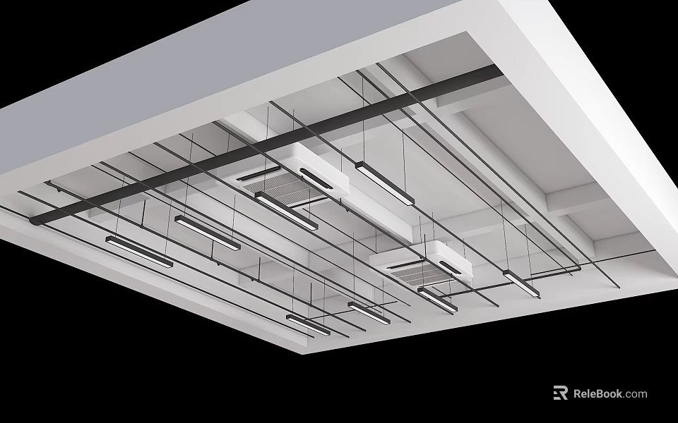 Modern Ceiling Structure With Lighting Fixtures And Pipes 3d model 