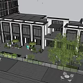 Modern Commercial Landscape With Glass Curtain Wall Building Greenery And Outdoor Space