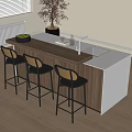 Modern Bar Counter With Wooden And White Top Bar Stools Sink Glasses And Fruit Bowl