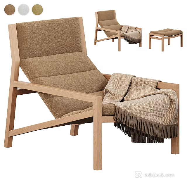 Cozy Lounge Chair with Wooden Frame Beige Cushion and Tasseled Blanket Ottoman 3d model 
