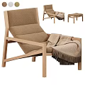 Cozy Lounge Chair with Wooden Frame Beige Cushion and Tasseled Blanket Ottoman