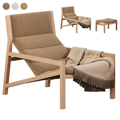 Cozy Lounge Chair with Wooden Frame Beige Cushion and Tasseled Blanket Ottoman 3d model