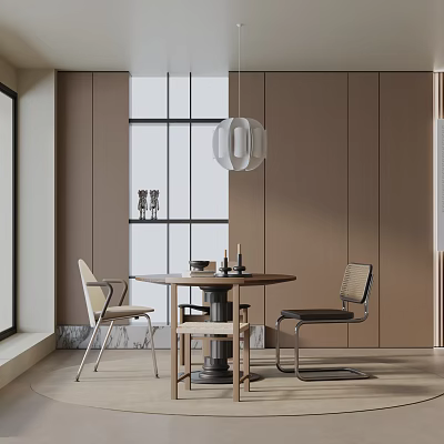 Modern Dining Table Set With Round Table Chairs And Pendant Light In Wooden Interior 3d model