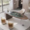 Modern Luxury Tea Table and Chairs with Marble Top Metal Legs and Green Plants