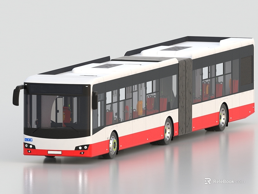 Modern Red and White Articulated Bus with Large Windows and Sleek Exterior Design 3d model 
