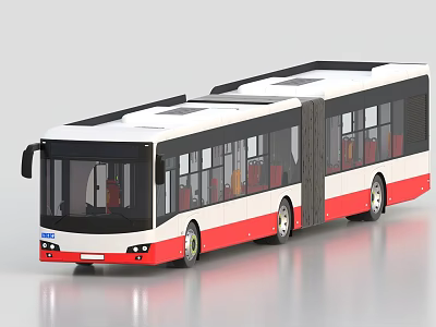 Modern Red and White Articulated Bus with Large Windows and Sleek Exterior Design 3d model
