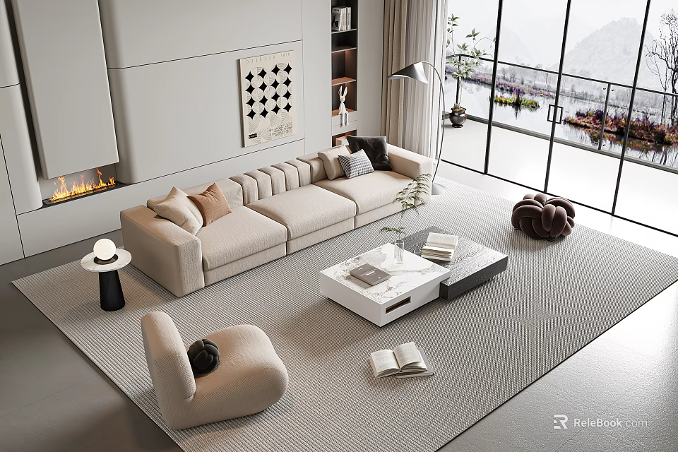 Modern Beige Sofa And White Coffee Table Set With Cushions Books Plant And Large Windows 3d model 