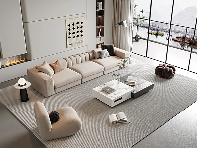 Modern Beige Sofa And White Coffee Table Set With Cushions Books Plant And Large Windows 3d model