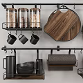 Stylish Kitchen Utensils Display With Hanging Metal Racks Wooden Cutting Board And Black Towels