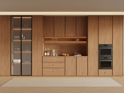 Modern Kitchen Interior Wooden Wine Cabinet With Glass Doors Countertop Drawers And Built in Oven 3d model