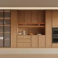 Modern Kitchen Interior Wooden Wine Cabinet With Glass Doors Countertop Drawers And Built in Oven