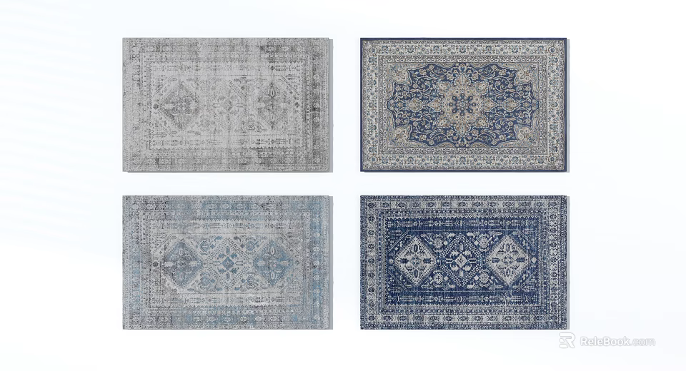 Square Rugs With Various Vintage Patterns And Neutral Blue Gray Hues 3d model