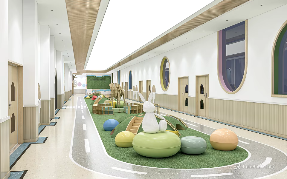 Kindergarten Interior With Colorful Play Facilities Round Cushions And Green Lawn Area 3d model 