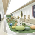 Kindergarten Interior With Colorful Play Facilities Round Cushions And Green Lawn Area
