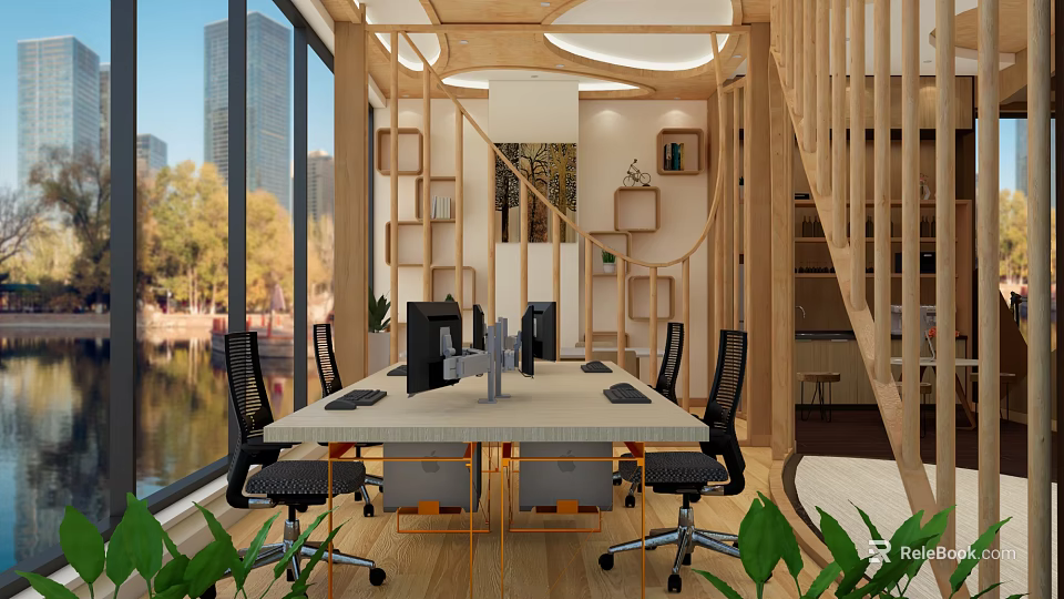 Modern Public Office Space With Large Windows City View Computers Black Chairs And Green Plants 3d model 