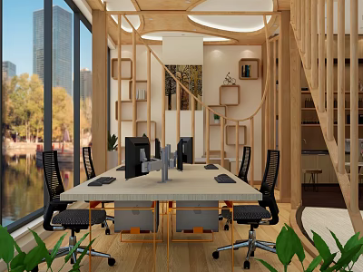 Modern Public Office Space With Large Windows City View Computers Black Chairs And Green Plants 3d model