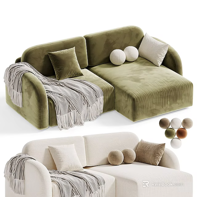 Green And Beige Velvet Multi Person Sofa With Throw Pillows Blanket Round Decorative Balls 3d model 