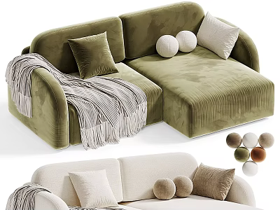 Green And Beige Velvet Multi Person Sofa With Throw Pillows Blanket Round Decorative Balls 3d model