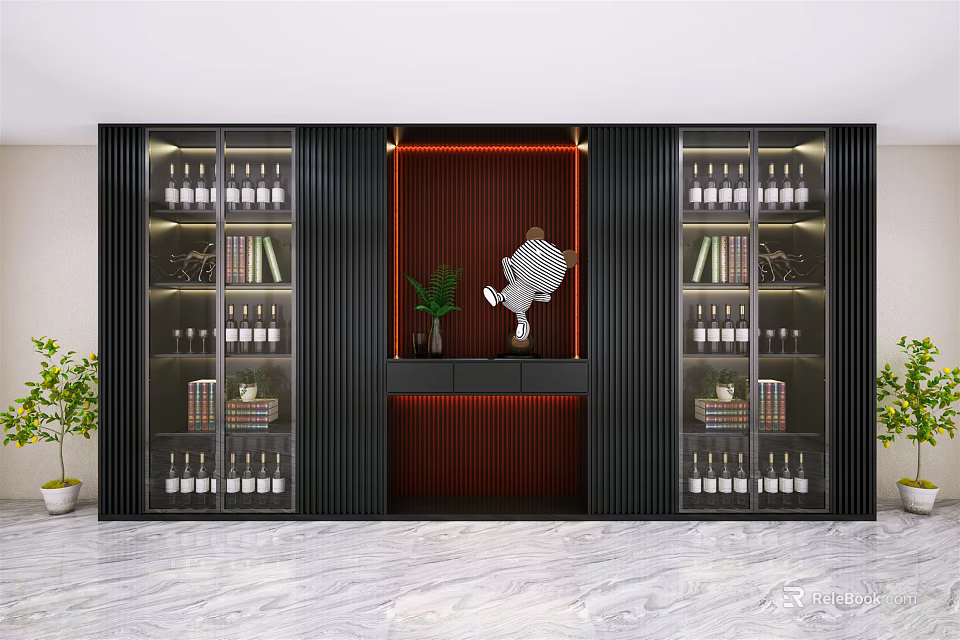 Modern Wine Cabinet With Glass Doors Wine Bottles Green Plant And Decorative Ornaments 3d model 