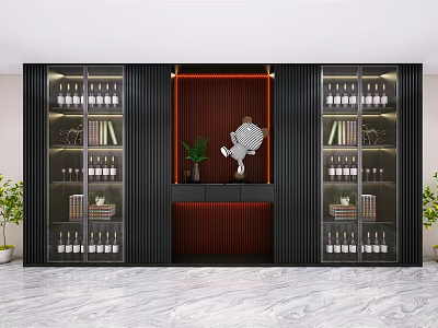 Modern Wine Cabinet With Glass Doors Wine Bottles Green Plant And Decorative Ornaments 3d model