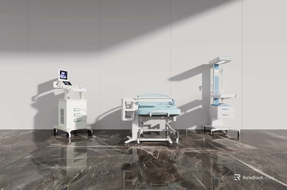 Modern Medical Equipment Including Mobile Cart Examination Table And IV Stand 3d model 