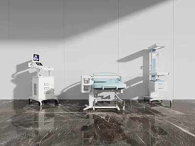 Modern Medical Equipment Including Mobile Cart Examination Table And IV Stand 3d model