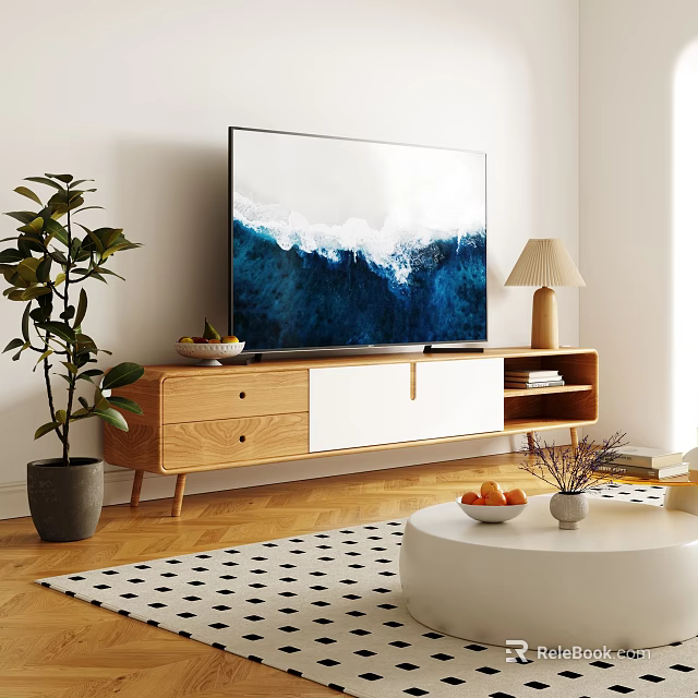 Modern Wooden TV Stand in Living Room with TV Green Plant Table Lamp and Decor 3d model 