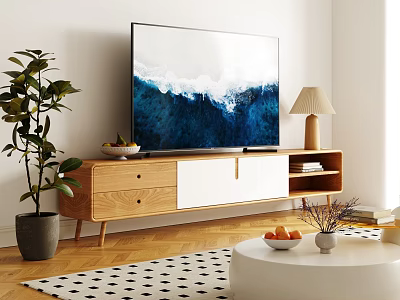 Modern Wooden TV Stand in Living Room with TV Green Plant Table Lamp and Decor 3d model