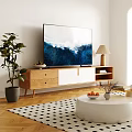 Modern Wooden TV Stand in Living Room with TV Green Plant Table Lamp and Decor