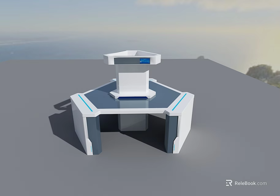 Modern Hexagonal Office Desk With White Blue Accents Digital Display And Seaside View 3d model 