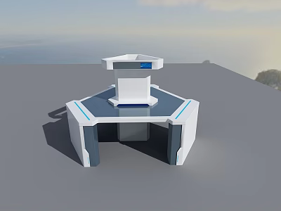Modern Hexagonal Office Desk With White Blue Accents Digital Display And Seaside View 3d model