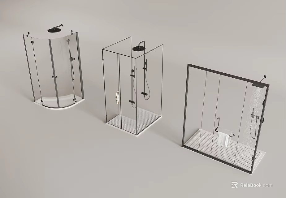 Different Design Glass Shower Enclosures With Metal Frame And Shower Fixtures 3d model 