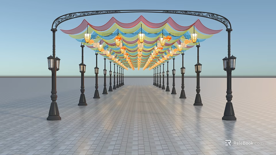 Colorful Event Entrance Arch With Decorative Canopy And Lined Street Lamps 3d model 