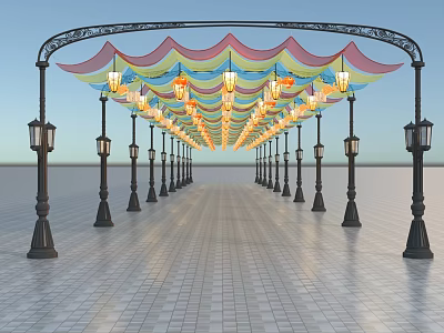 Colorful Event Entrance Arch With Decorative Canopy And Lined Street Lamps 3d model