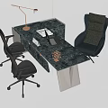 Office Desk With Marble Top Lamp Laptop Papers Decor And Black Blue Chairs