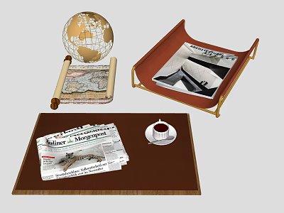 Home Desk Tabletop With Globe Rolled Map Newspaper Coffee Cup And Tray 3d model