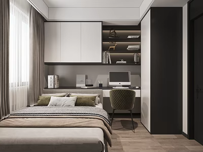 Modern Tatami Bedroom Interior With Bed Desk Chair Bookshelf And Storage Cabinets 3d model