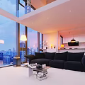 Modern Apartment Interior With City View Large Windows And Black Sofa 3d model