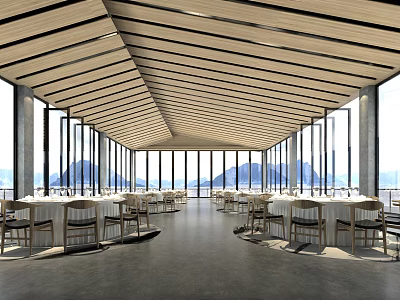 Banquet Hall With Wooden Slanted Ceiling Large Windows Mountain View Round Tables And Dark Floor 3d model