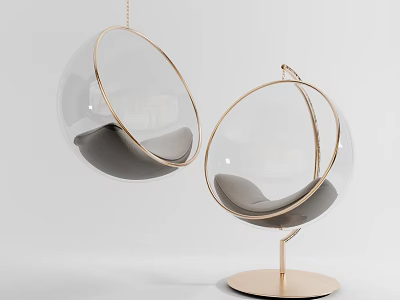 Two Transparent Spherical Hanging Chairs With Gold Frame And Gray Seat 3d model