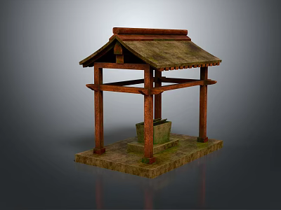 Traditional Wooden Architectural Structure With Thatched Roof And Stone Well Basin On Square Base 3d model
