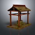 Traditional Wooden Architectural Structure With Thatched Roof And Stone Well Basin On Square Base