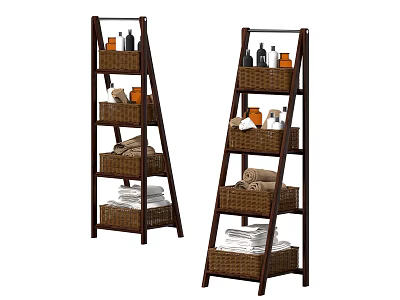 Brown Multi tiered Bathroom Shelving Units With Wicker Baskets Towels And Bath Products 3d model