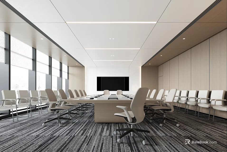 Modern Conference Room With Long Table White Chairs Large Screen Floor to Ceiling Windows 3d model 