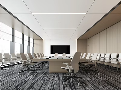 Modern Conference Room With Long Table White Chairs Large Screen Floor to Ceiling Windows 3d model