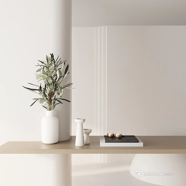 Decorative Ornament Set With White Vase Olive Branch Black Book And Gold Accents On Wooden Tabletop 3d model 